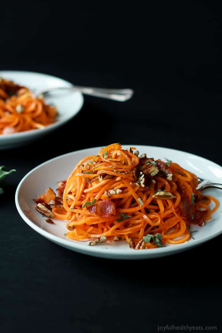 Homemade Sweet Potato Noodles, Brown Butter Sauce, Pecans, and Bacon... what more could you ask for? | www.joyfulhealthyeats.com