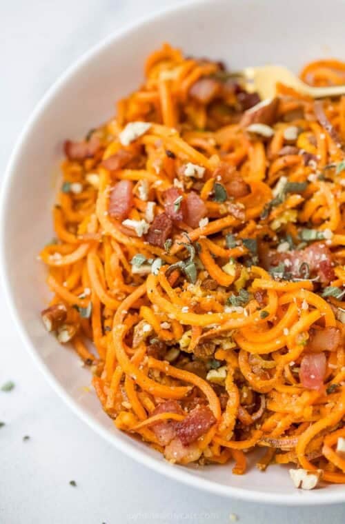 Sweet potato noodles with brown butter, sage, and bacon
