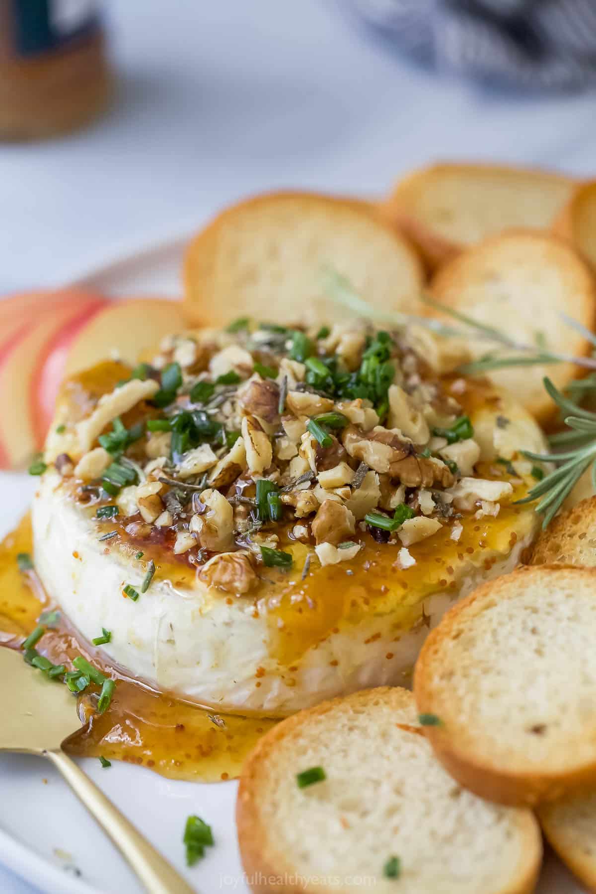 Baked brie with toppings.