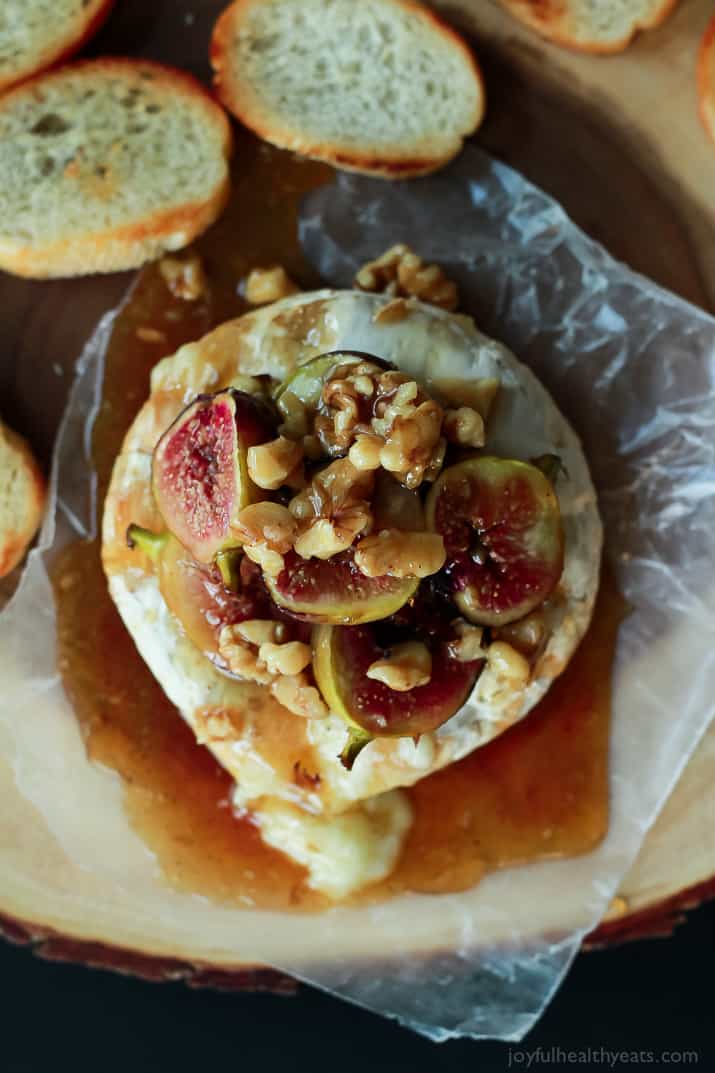Top view of Baked Brie with Roasted Fig Honey Walnut Topping