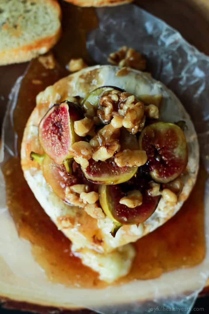 Top view of Baked Brie with Roasted Fig Honey Walnut Topping