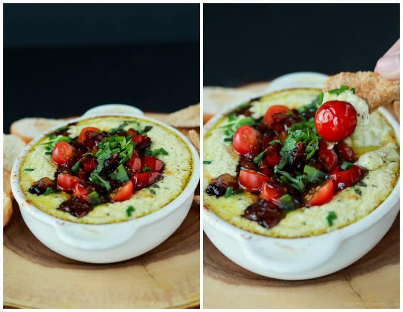Collage of Baked Goat Cheese Dip topped with balsamic bruschetta