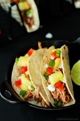 An easy Crock Pot Recipe your family will love! Taste the islands with these Hawaiian Pork Tacos! | www.joyfulhealthyeats.com #recipes