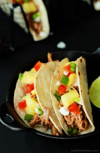 Two Crock Pot Hawaiian Pork Tacos in a Skillet