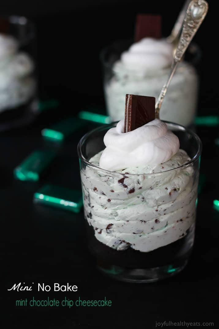 Mini No Bake Mint Chocolate Chip Cheesecake - easy peasy to make and seriously awesome! Love Andes Candy! | www.joyfulhealthyeats.com #dessert #recipe