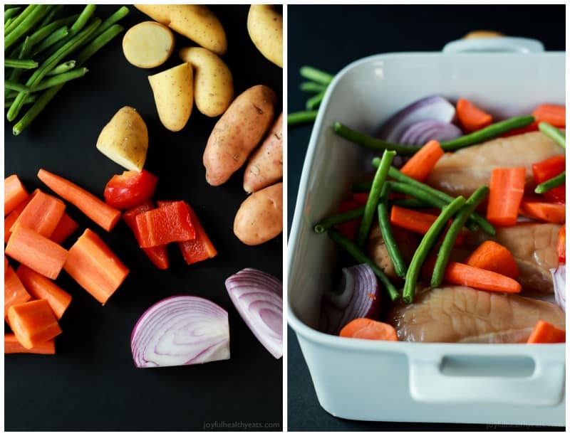 Easy 40 Minute meal that is amazing! One Pot Creamy Garlic Butter Baked Chicken & Vegetables. De-lish! | www.joyfulhealthyeats.com #ad #CampbellSauces #recipes