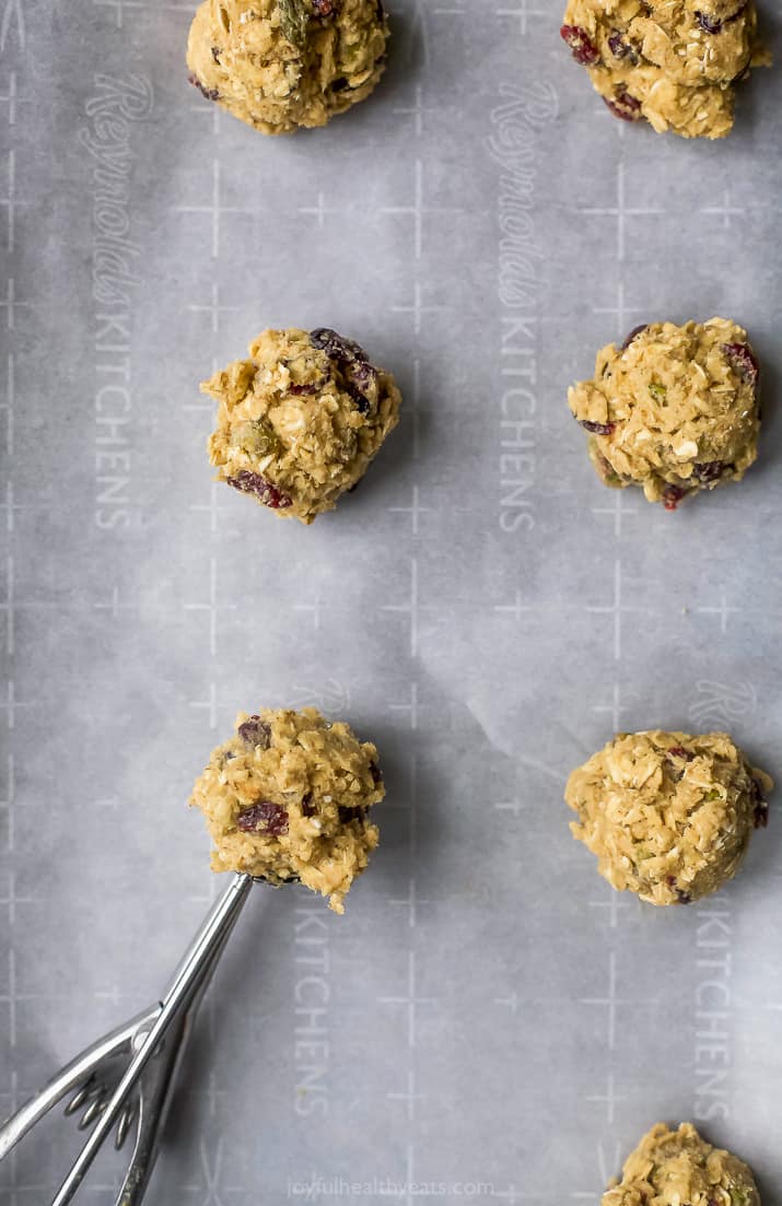 raw photo of Chewy Pistachio Cranberry Oatmeal Cookie Dough ready to bake