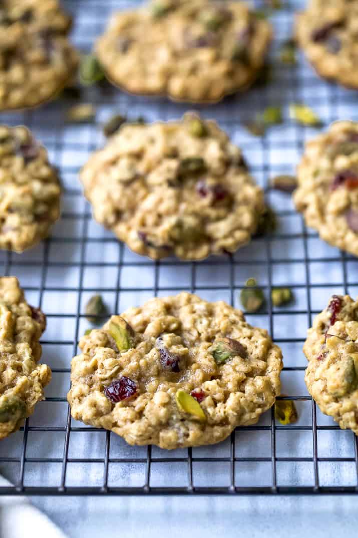 side photo of Chewy Pistachio Cranberry Oatmeal Cookies