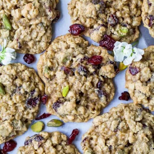 closeup photo of Chewy Pistachio Cranberry Oatmeal Cookies