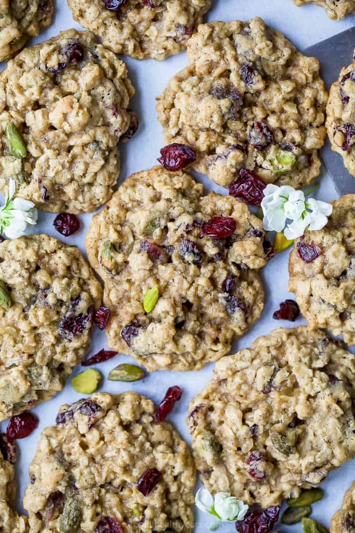 closeup photo of Chewy Pistachio Cranberry Oatmeal Cookies