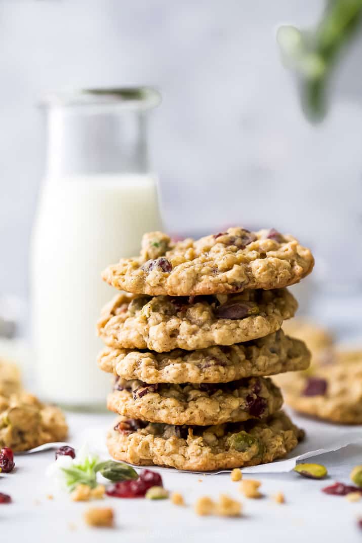 photo of Chewy Pistachio Cranberry Oatmeal Cookies in a stack