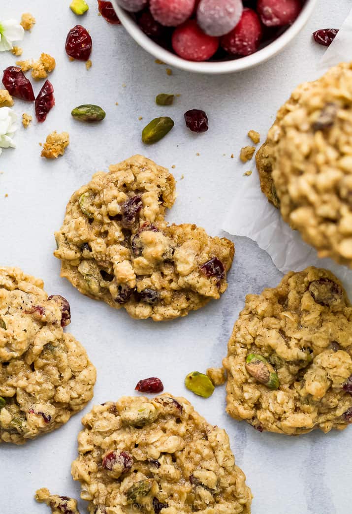photo of Chewy Pistachio Cranberry Oatmeal Cookie with a bite in it
