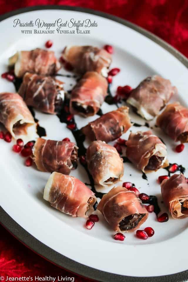 Prosciutto Wrapped Dates on a Fancy Plate Topped with Balsamic Vinegar