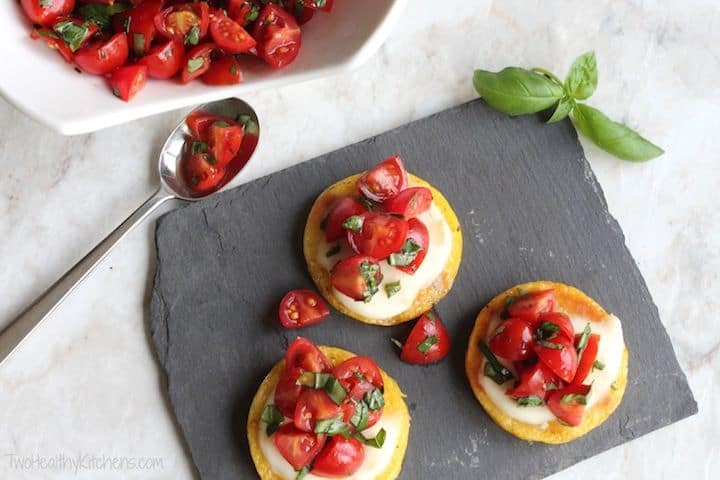 Three Tomato Palentas Assembled on a Gray Napkin