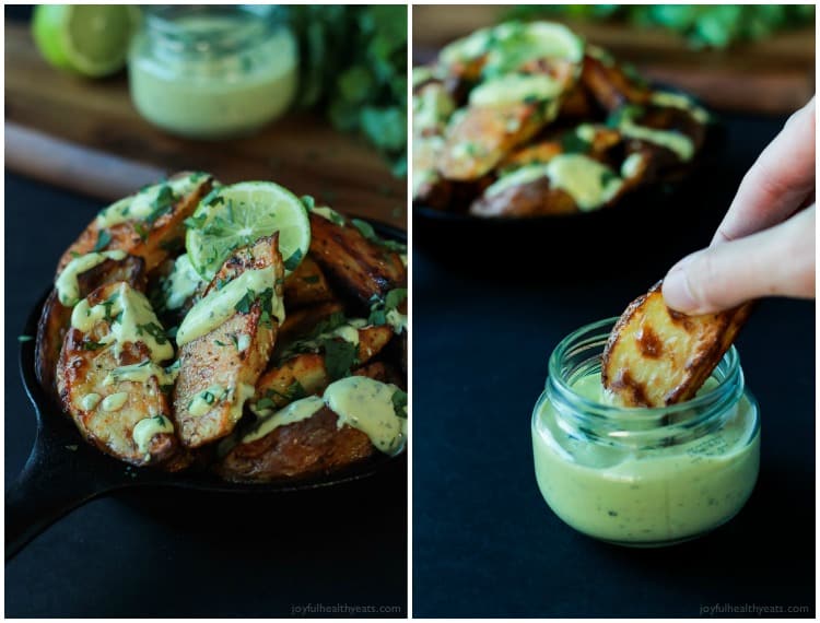 These Oven Roasted Potato Wedges actually turn out crispy, and the Avocado Wasabi Aioli rocks! | www.joyfulhealthyeats.com #recipes 