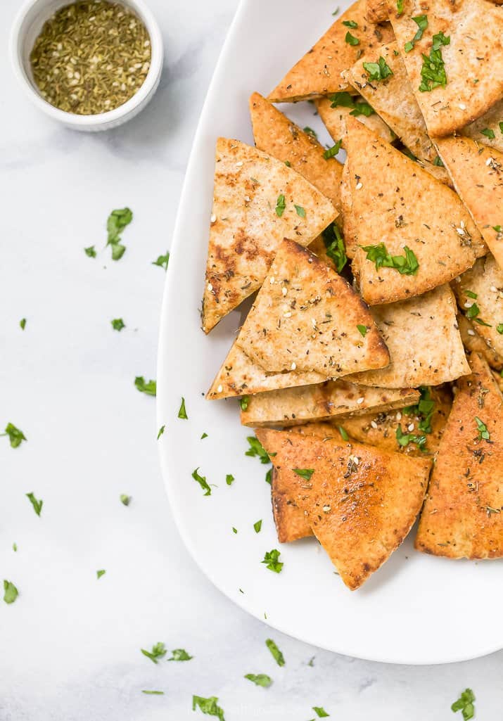overhead photo of baked pita chips