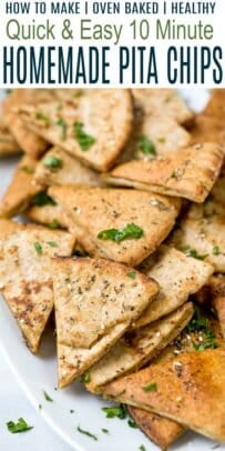 pinterest image for quick easy homemade baked pita chips