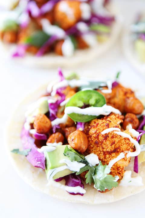 A Roasted Cauliflower and Chickpea Taco on the Counter
