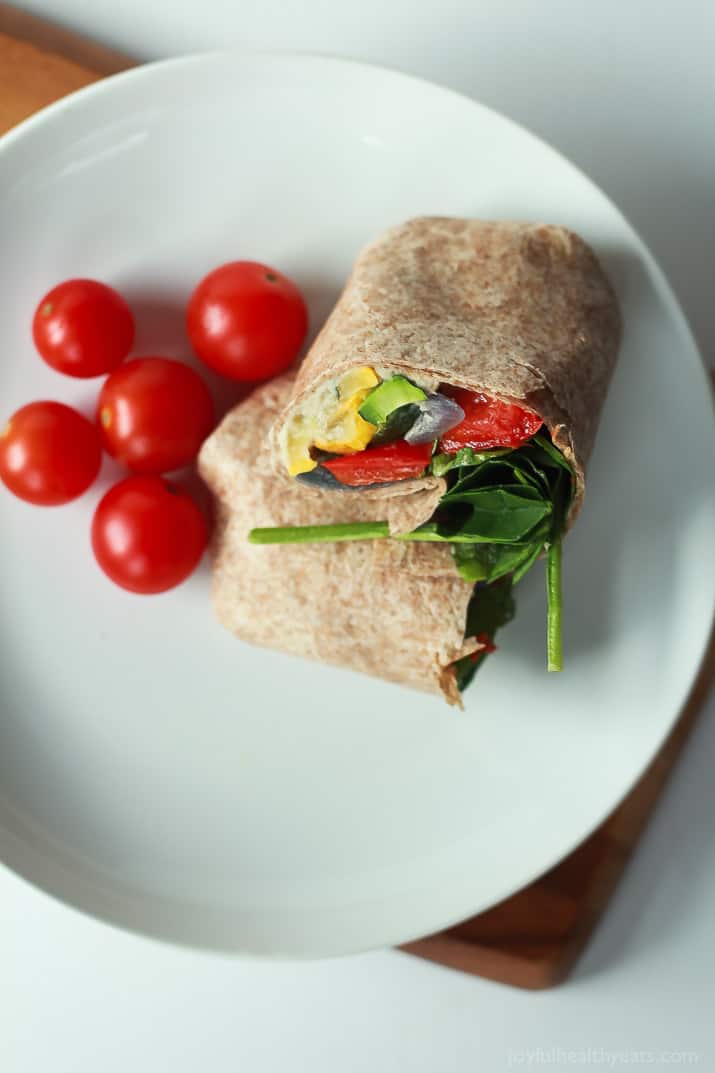 Healthy + Easy Roasted Vegetable Wraps with a Roasted Garlic White Bean Hummus, this is seriously amazing! | www.joyfulhealthyeats.com #eathealthy #recipes