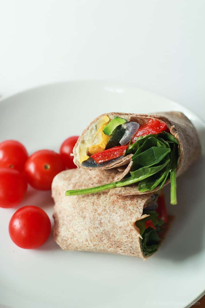 Healthy + Easy Roasted Vegetable Wraps with a Roasted Garlic White Bean Hummus, this is seriously amazing! | www.joyfulhealthyeats.com #eathealthy #recipes