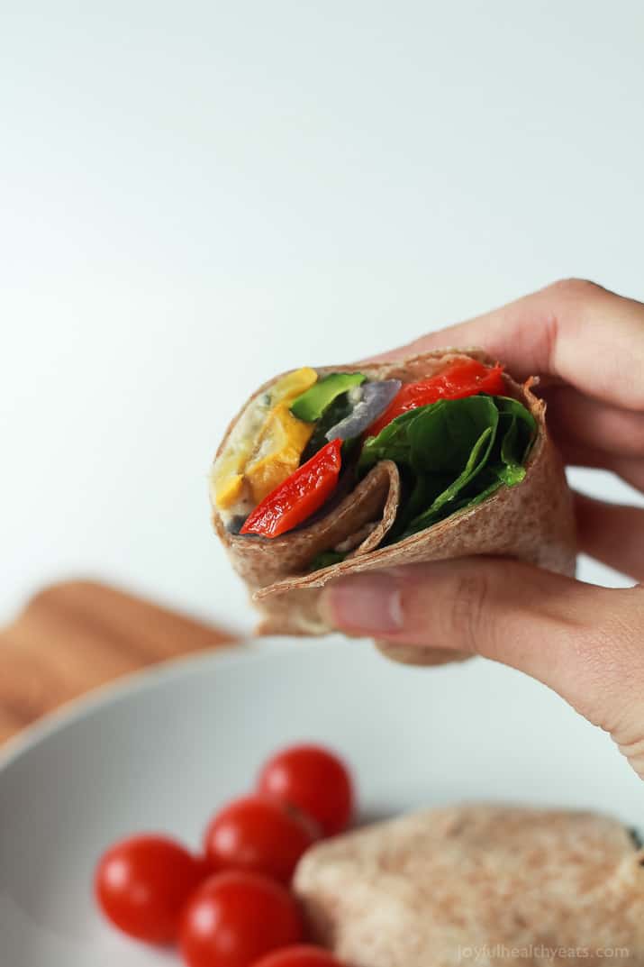 Healthy + Easy Roasted Vegetable Wraps with a Roasted Garlic White Bean Hummus, this is seriously amazing! | www.joyfulhealthyeats.com #eathealthy #recipes