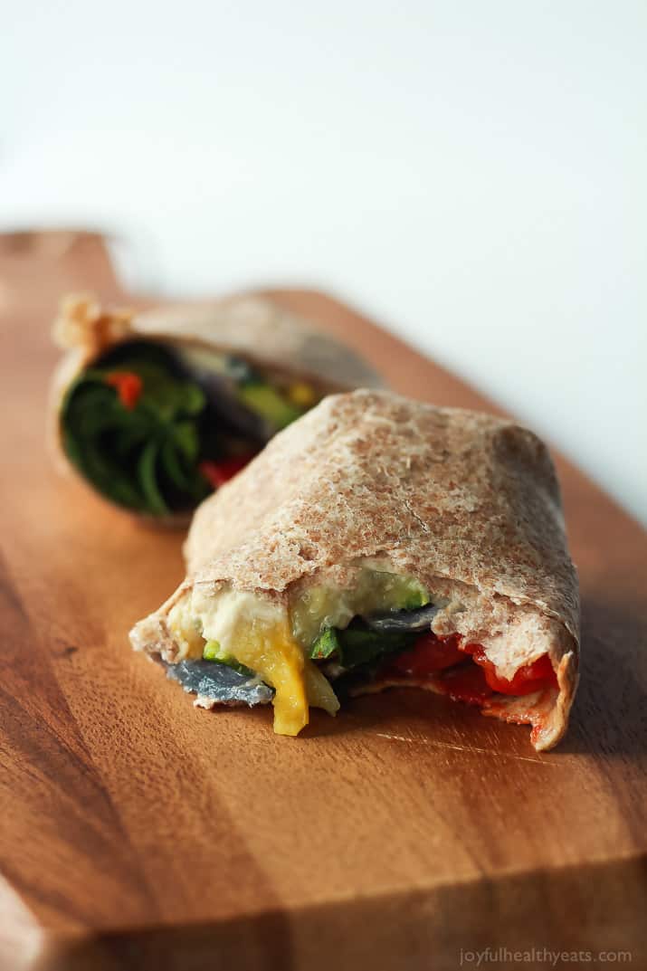 Healthy + Easy Roasted Vegetable Wraps with a Roasted Garlic White Bean Hummus, this is seriously amazing! | www.joyfulhealthyeats.com #eathealthy #recipes