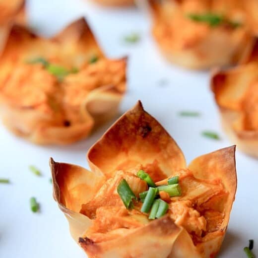 Buffalo Chicken Wonton Cups on a white surface