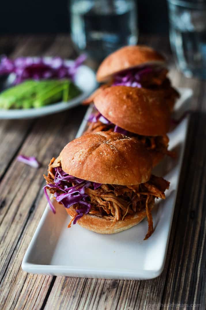Seriously can't get enough of these! Must make for next party, so easy ... Skinny Pulled Pork Sliders | www.joyfulhealthyeats.com 