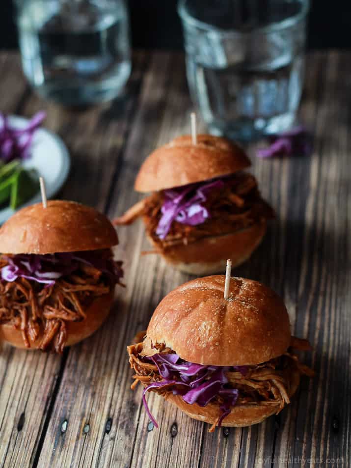 Seriously can't get enough of these! Must make for next party, so easy ... Skinny Pulled Pork Sliders | www.joyfulhealthyeats.com