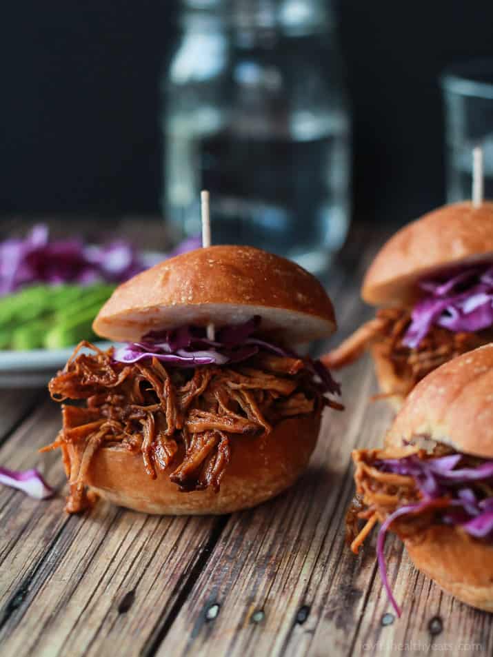 Seriously can't get enough of these! Must make for next party, so easy ... Skinny Pulled Pork Sliders | www.joyfulhealthyeats.com 