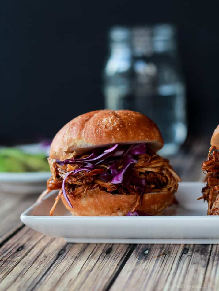 Seriously can't get enough of these! Must make for next party, so easy ... Skinny Pulled Pork Sliders | www.joyfulhealthyeats.com 