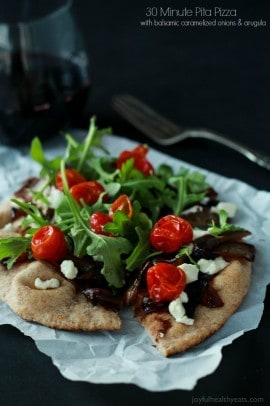 Balsamic Caramelized Onion Goat Cheese Pita Pizza with Arugula