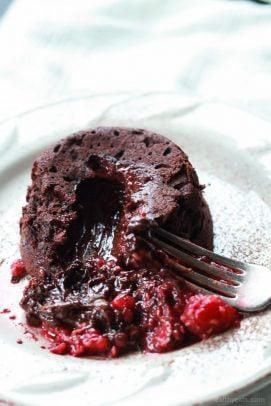 Nutella Chocolate Lava Cake topped with Muddled Champagne Raspberries, a decadent dessert recipe for two! | joyfulhealthyeats.com #recipes #valentinesday