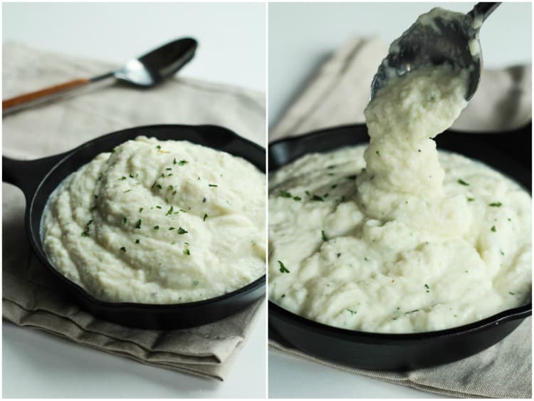 Cauliflower Alfredo Sauce Being Scooped Out of the Skillet with a Spoon