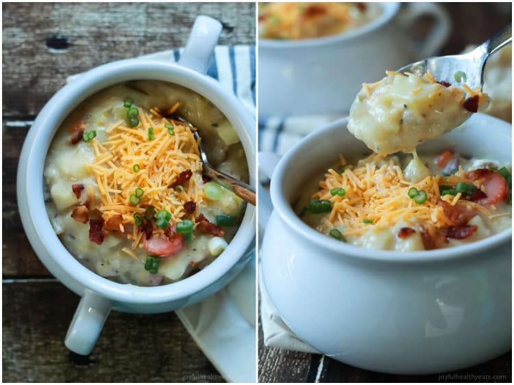 Collage of two views of Creamy Potato Leek Soup in a crock