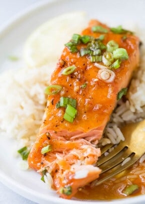 Honey glazed salmon with green onions served over rice.