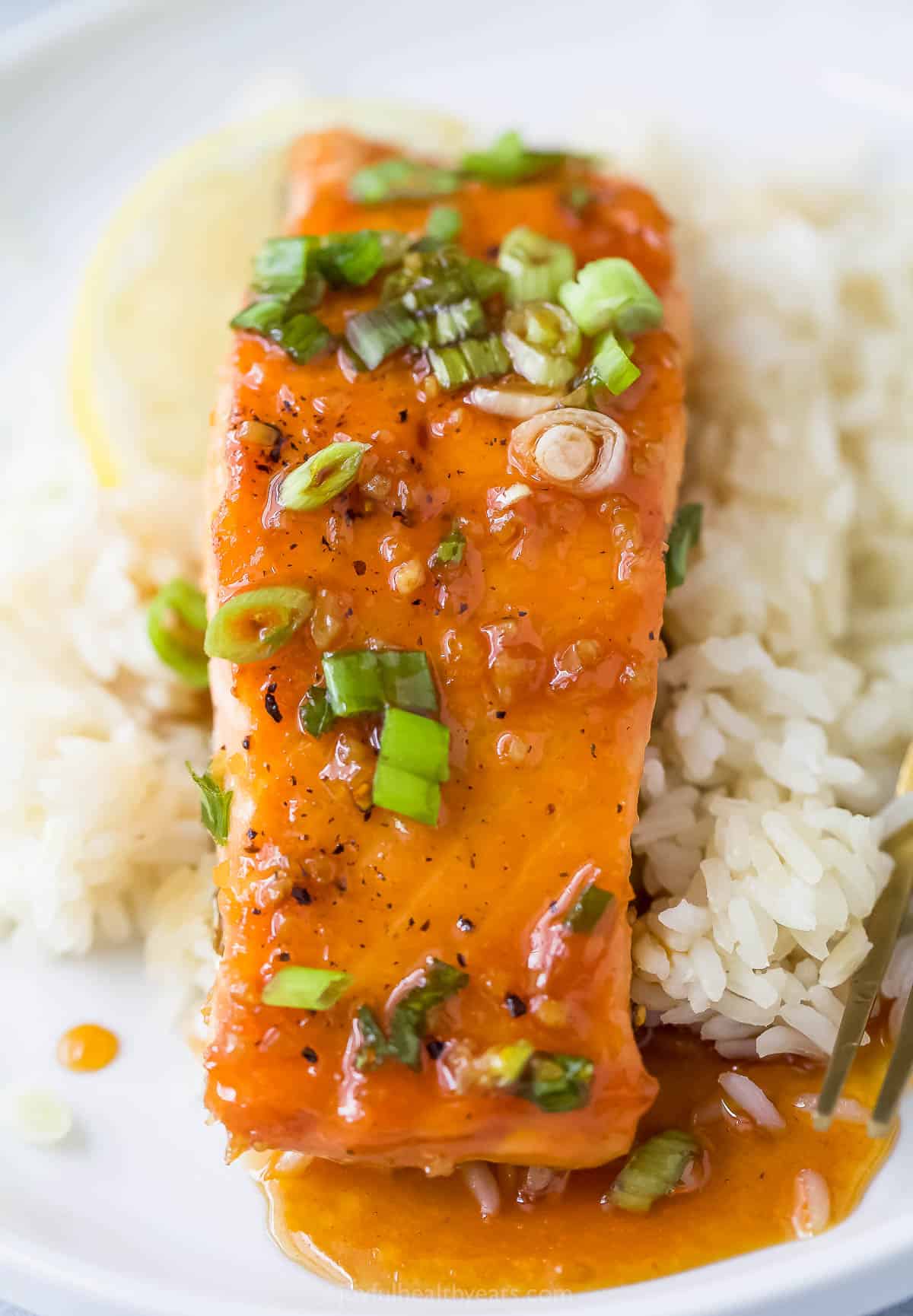 Honey glazed salmon with green onions over a bed of white rice. 