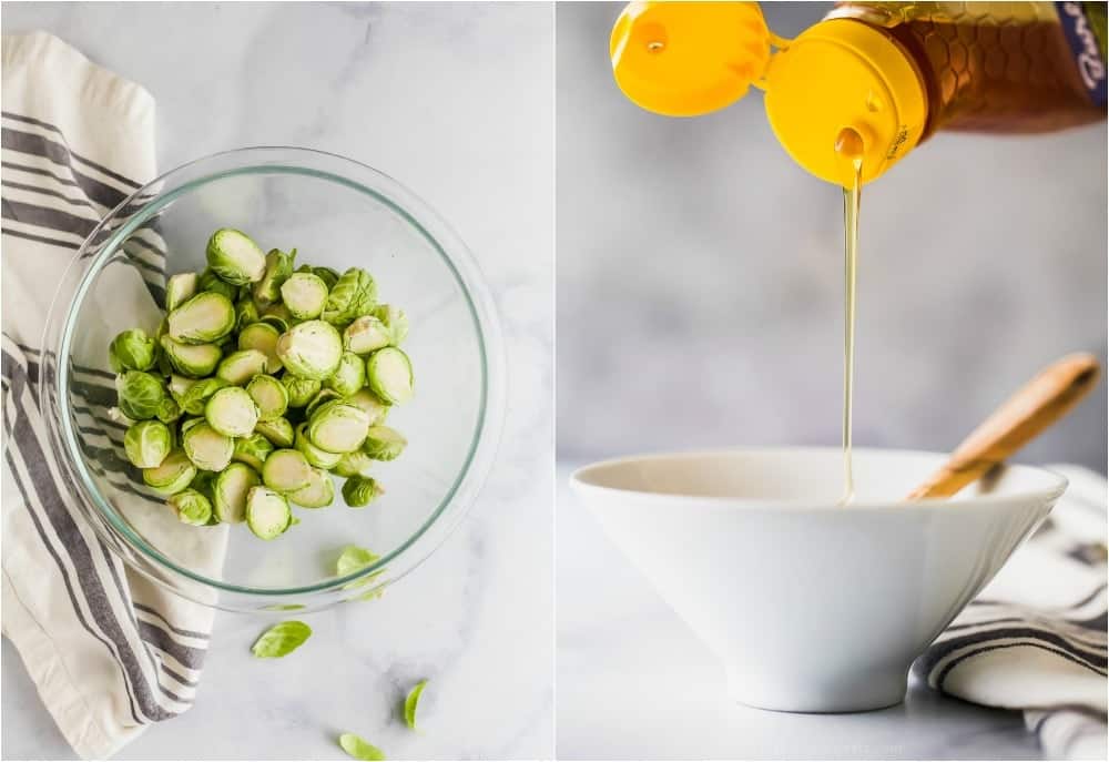 photo of raw brussels sprouts and honey being poured