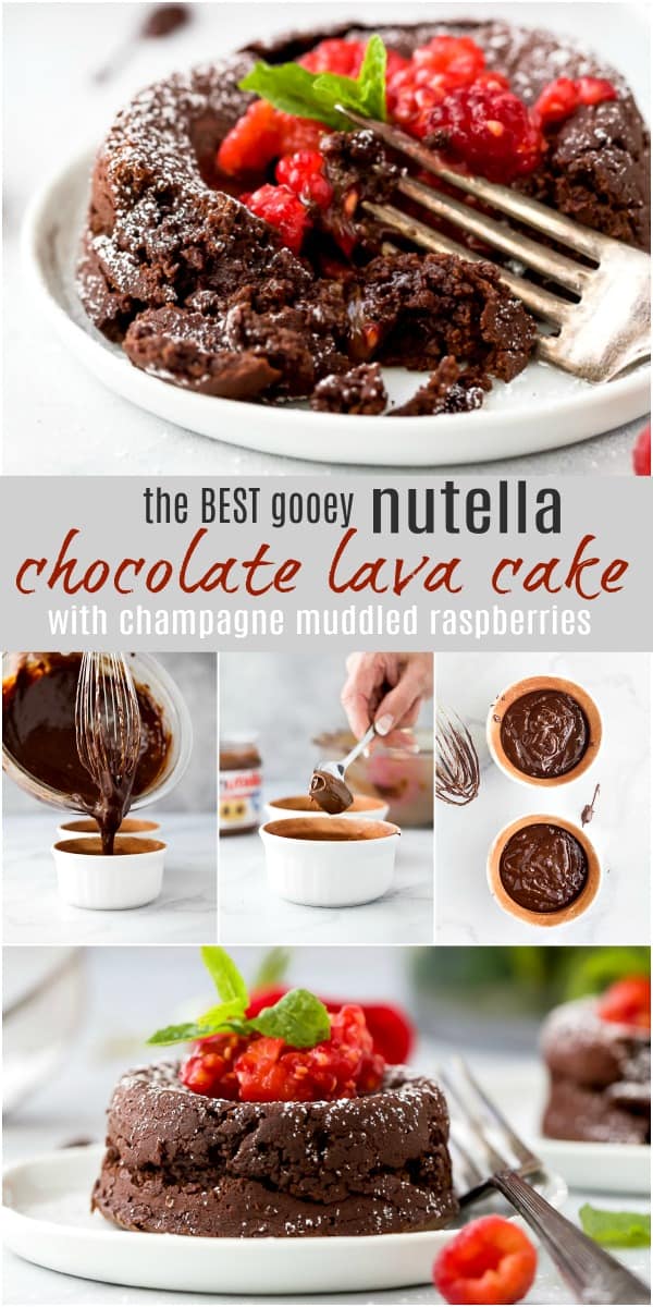 pinterest image for nutella chocolate lava cake recipe topped with champagne muddled raspberries