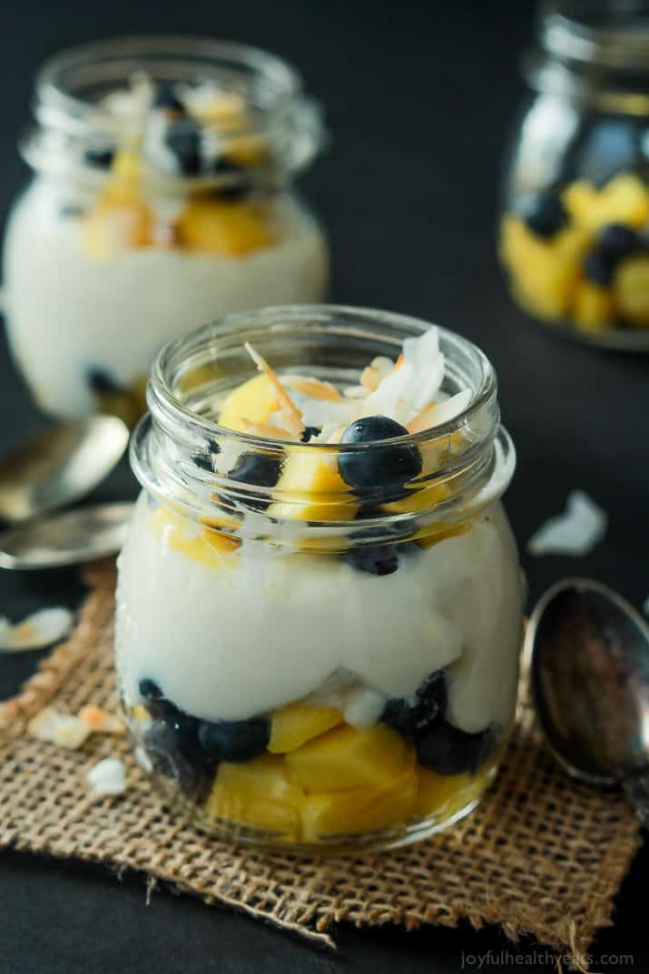 Dessert for breakfast with this Tropical Superfruit Yogurt Parfait, an easy way to detox that tastes delicious! | joyfulhealthyeats.com #recipes #healthybreakfast