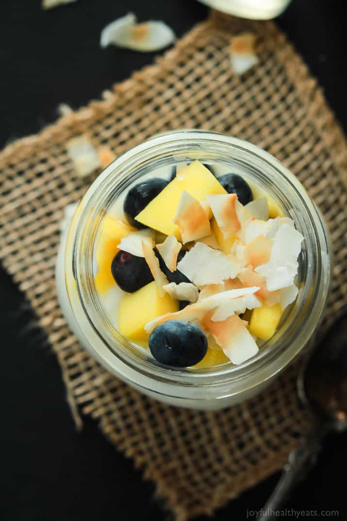 Dessert for breakfast with this Tropical Superfruit Yogurt Parfait, an easy way to detox that tastes delicious! | joyfulhealthyeats.com #recipes #healthybreakfast