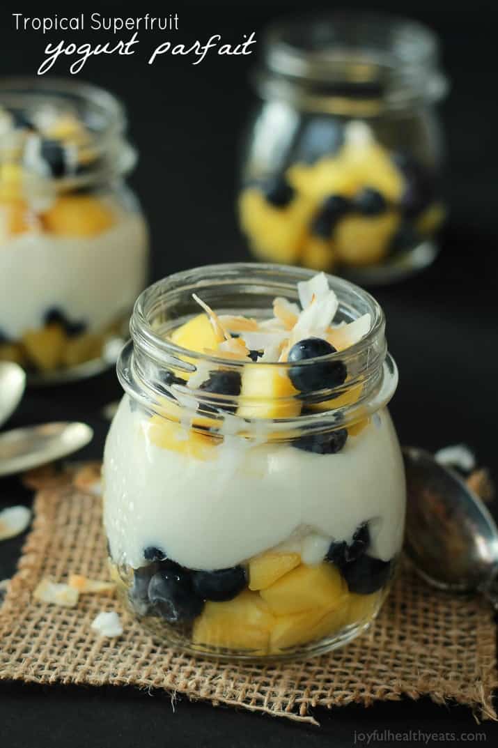 Dessert for breakfast with this Tropical Superfruit Yogurt Parfait, an easy way to detox that tastes delicious! | joyfulhealthyeats.com #recipes #healthybreakfast