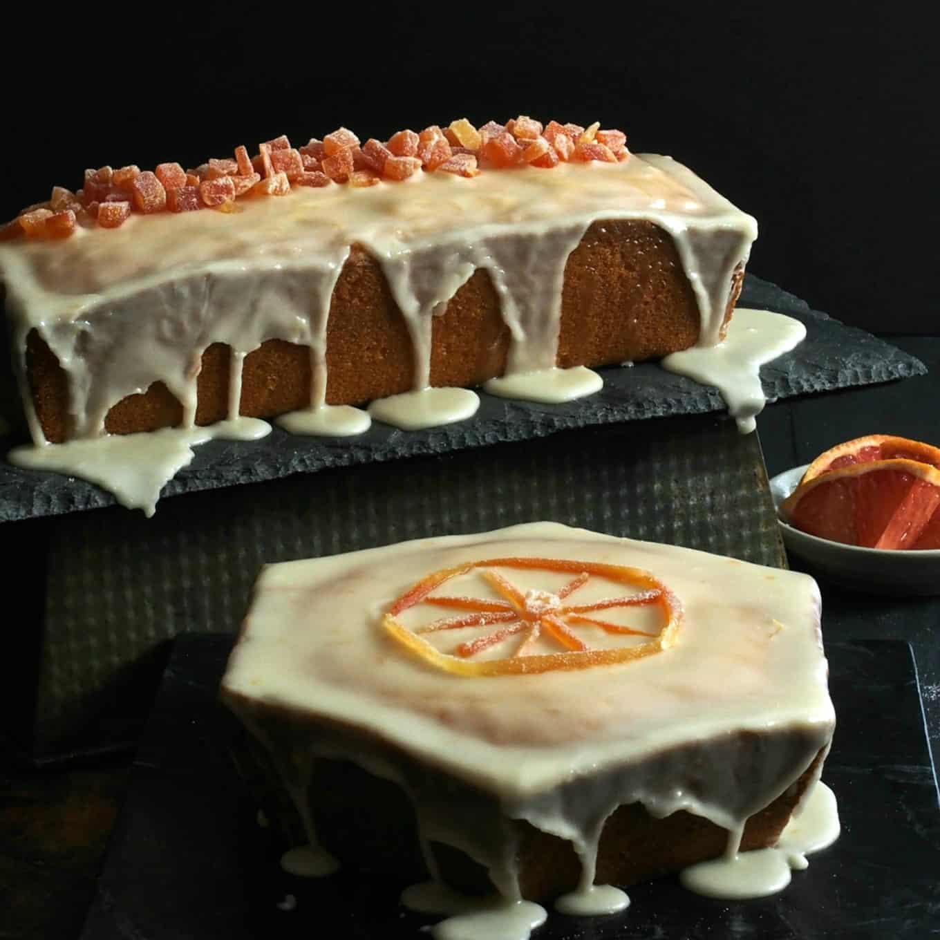 Two Grapefruit Pound Cakes Covered with Icing