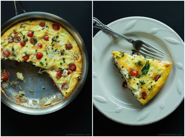 Cheesy Bacon Spinach Frittata with grape tomatoes cut into wedges