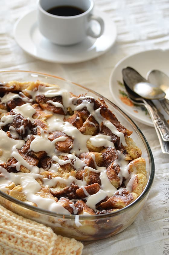 Cinnamon Bun Bread Pudding in a Glass Dish