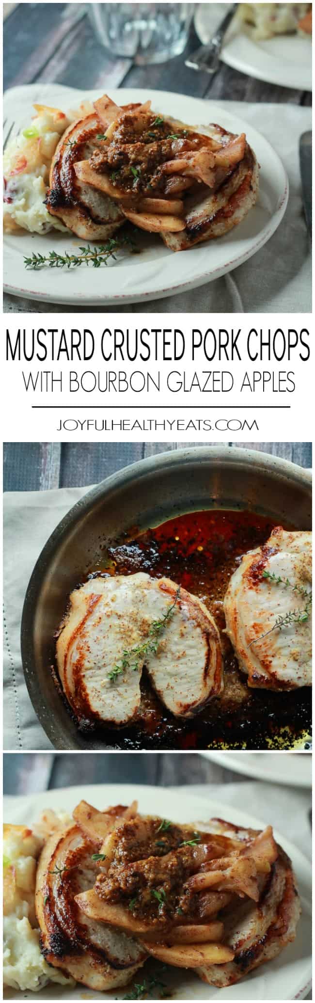 A Collage of Three Images of Mustard Crusted Pork Chops and Bourbon Glazed Apples