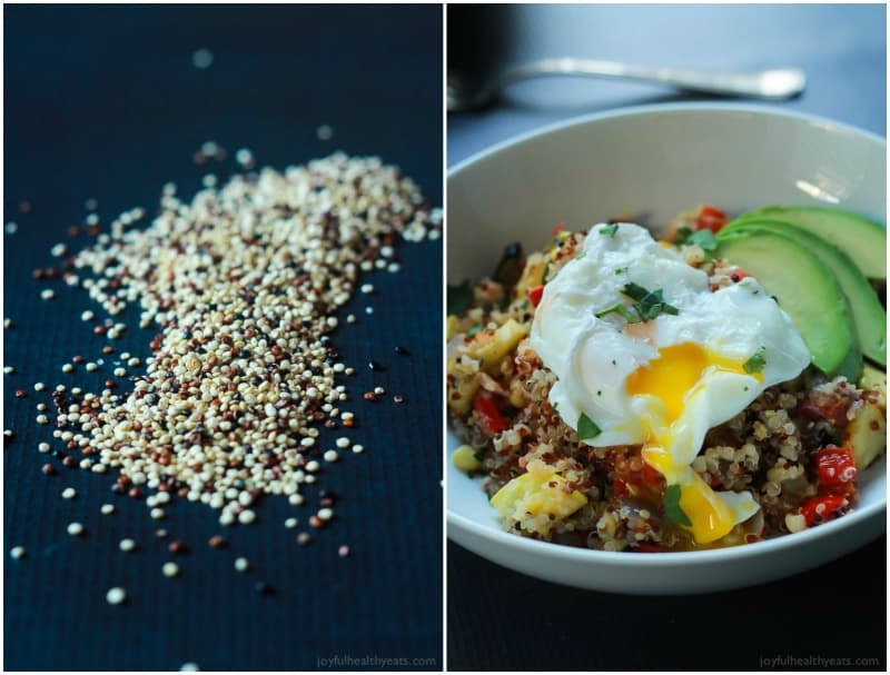 A heart healthy Southwestern Roasted Vegetable Quinoa Salad packed with protein and loads of flavor then topped with a poached egg and fresh avocado! Holy Yum! | joyfulhealthyeats.com #recipes