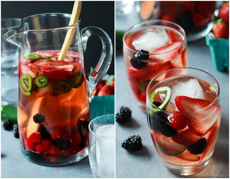 A fresh light Strawberry Jalapeno White Sangria recipe with pomegranate juice and mixed berries. It has everything your taste buds want sweet, spicy ,and fruity! | joyfulhealthyeats.com #recipes #cocktail