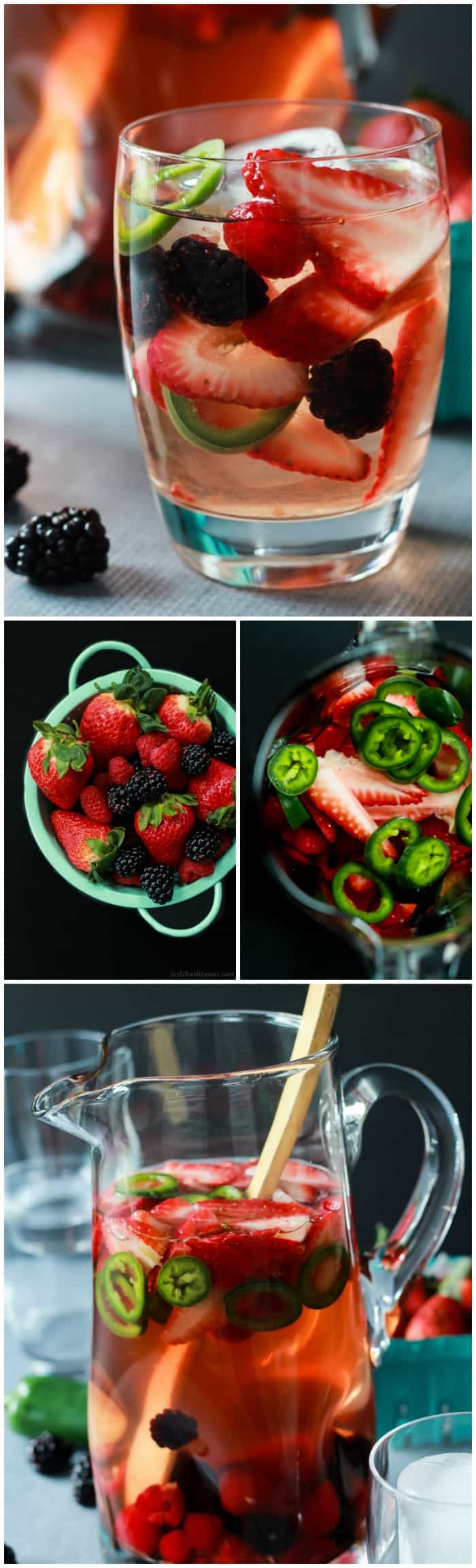A fresh light Strawberry Jalapeno White Sangria recipe with pomegranate juice and mixed berries. It has everything your taste buds want sweet, spicy ,and fruity! | joyfulhealthyeats.com #recipes #cocktail