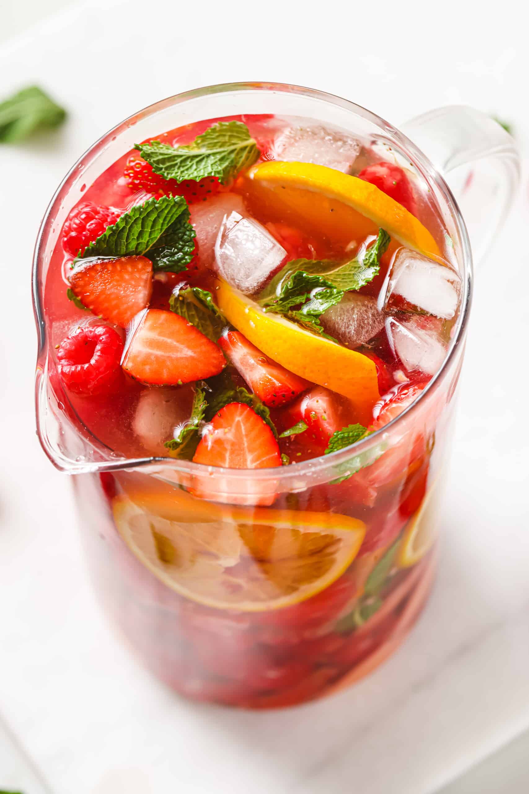 Angled shot of sangria pitcher. 